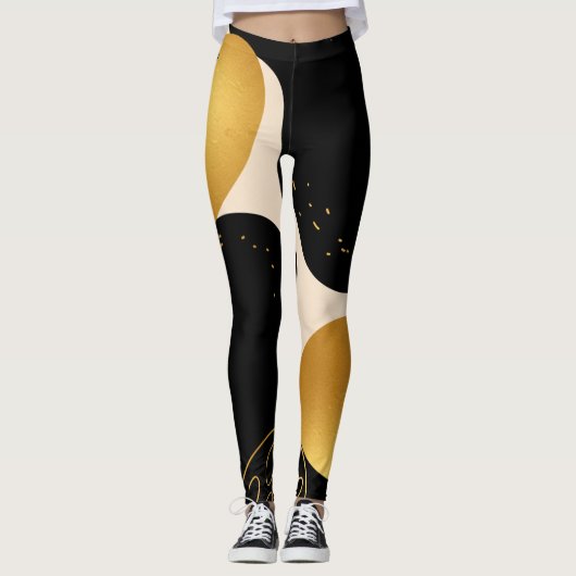 Modern Abstract Black and Gold Organic Pattern レギンス (正面)