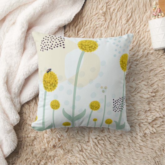 Modern Abstract Botanical Yellow Billy Button クッション (ブランケット)