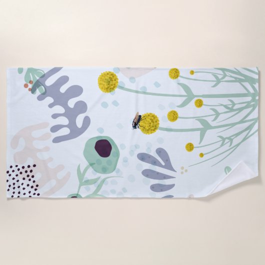 Modern Abstract Botanical Yellow Billy Button ビーチタオル (正面)
