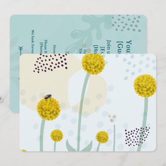 Modern Abstract Botanical Yellow Billy Button 招待状 (正面/裏面)