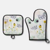 Modern Abstract Botanical Yellow Billy Button 鍋つかみ&鍋敷きセット (正面)