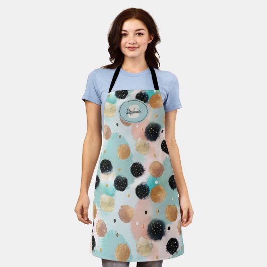 Modern Abstract Brushstroke & Polka Dot Pattern エプロン (着用した状態)