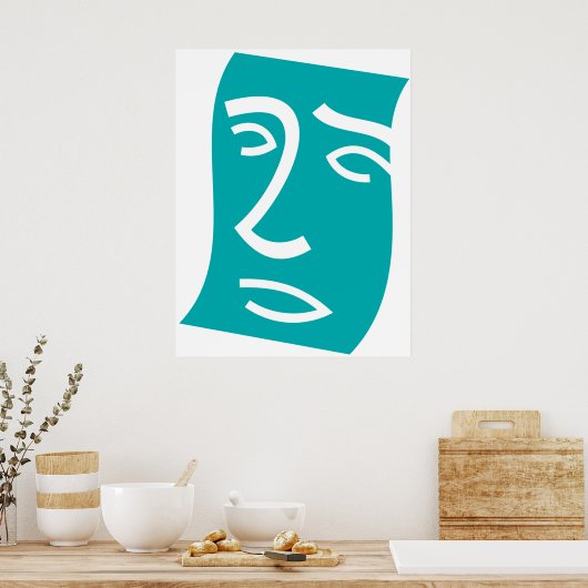 Modern Abstract Face Line Art Teal ポスター (キッチン)