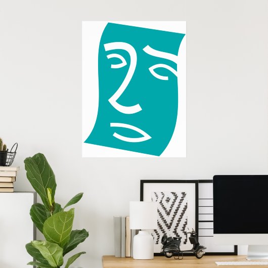 Modern Abstract Face Line Art Teal ポスター (ホームオフィス)