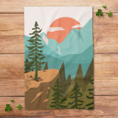 Modern Abstract Forest, Mountains, and Sunrise キッチンタオル