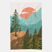Modern Abstract Forest, Mountains, and Sunrise キッチンタオル (縦)