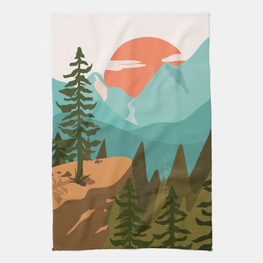 Modern Abstract Forest, Mountains, and Sunrise キッチンタオル (縦)