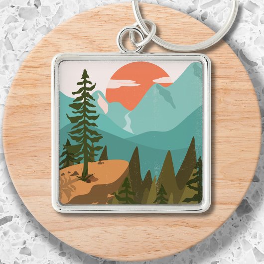 Modern Abstract Forest, Mountains, and Sunrise キーホルダー