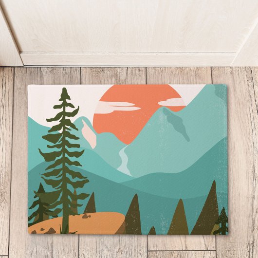 Modern Abstract Forest, Mountains, and Sunrise ドアマット