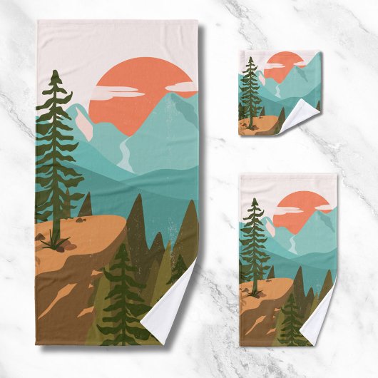 Modern Abstract Forest, Mountains, and Sunrise バスタオルセット