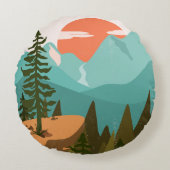 Modern Abstract Forest, Mountains, and Sunrise ラウンドクッション (正面)