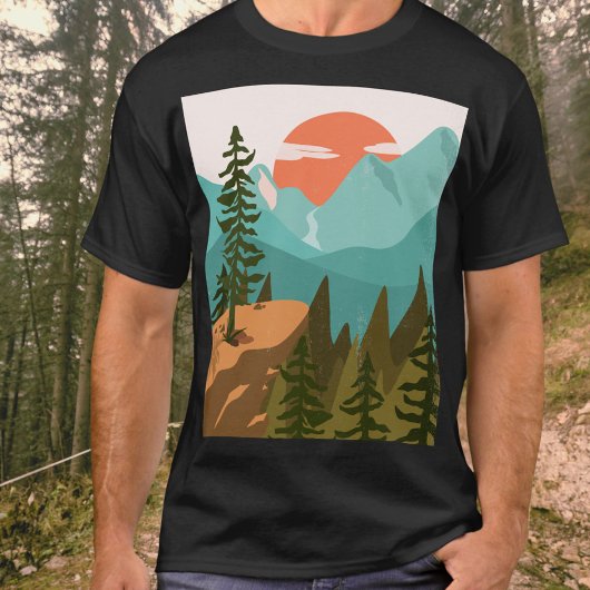 Modern Abstract Forest, Mountains, and Sunrise Tシャツ