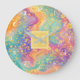 Modern Abstract Glitter Floral Monogram Design     ラージ壁時計