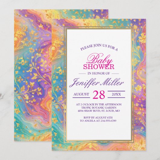 Modern Abstract Glitter Floral Monogram Design     招待状 (正面/裏面)