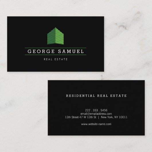 Modern Abstract Green Home Logo Realtor Black 名刺 (正面/裏面)