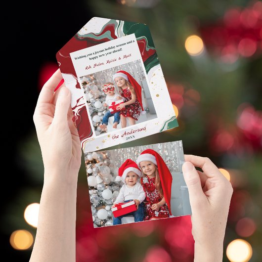 Modern Abstract Green/Red Christmas Photo オールインワン招待状