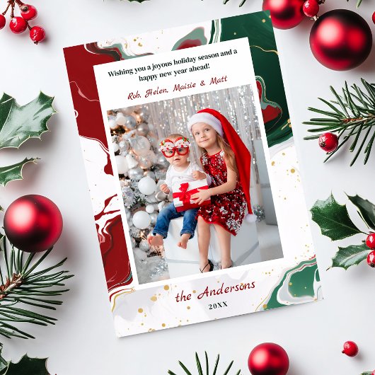 Modern Abstract Green/Red Christmas Photo シーズンカード