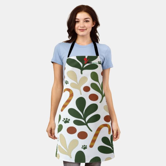 Modern Abstract Holly & Paw Print Pattern Christma エプロン (着用した状態)