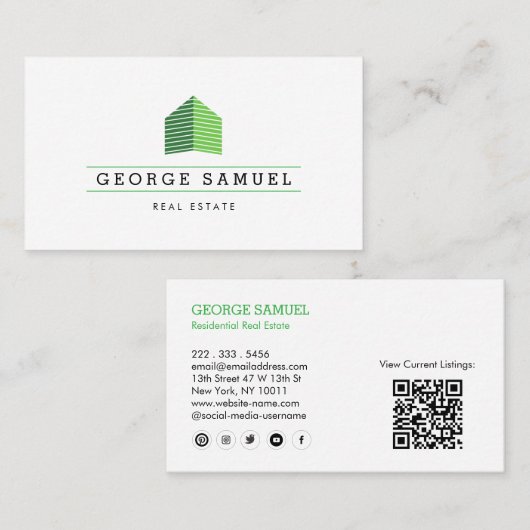 Modern Abstract Home Logo Realtor QR Code White 名刺 (正面/裏面)