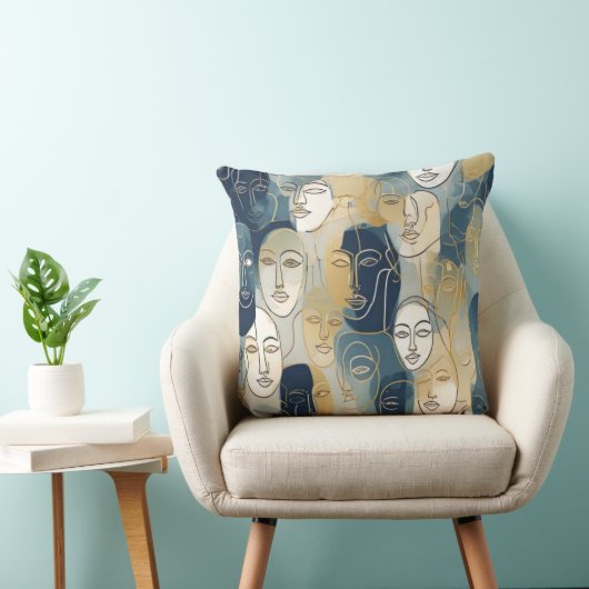 Modern Abstract Line Art Faces Throw Pillow クッション (椅子)