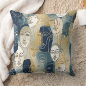Modern Abstract Line Art Faces Throw Pillow クッション (ブランケット)