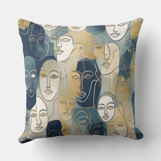 Modern Abstract Line Art Faces Throw Pillow クッション (裏面)