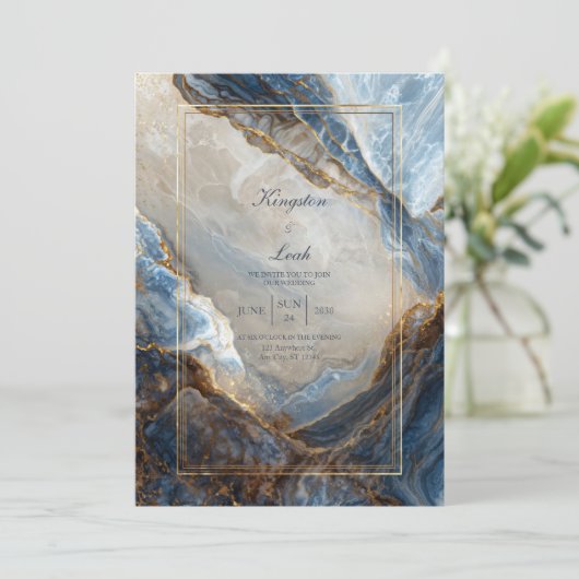 Modern Abstract Navy Bronze Gilded Marble Wedding 招待状 (スタンド正面)