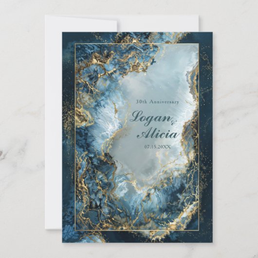Modern Abstract Navy Indigo Gilded Marble Wedding 招待状 (正面)