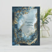Modern Abstract Navy Indigo Gilded Marble Wedding 招待状 (スタンド正面)