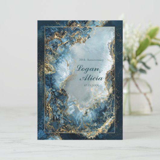 Modern Abstract Navy Indigo Gilded Marble Wedding 招待状 (スタンド正面)