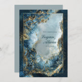 Modern Abstract Navy Indigo Gilded Marble Wedding 招待状 (正面/裏面)