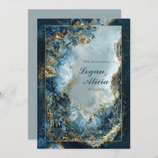 Modern Abstract Navy Indigo Gilded Marble Wedding 招待状 (正面/裏面)