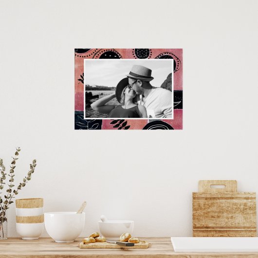 Modern Abstract Pink and Black Botanical Photo ポスター (キッチン)