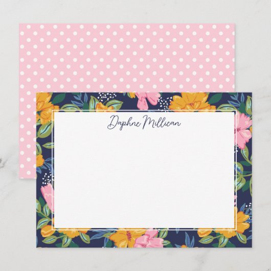 Modern Abstract Pink & Yellow Floral Pattern Name ノートカード (正面/裏面)