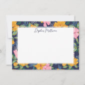 Modern Abstract Pink & Yellow Floral Pattern Name ノートカード (正面)
