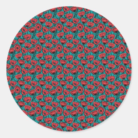 Modern Abstract Red Poppy Floral Pattern ラウンドシール (正面)