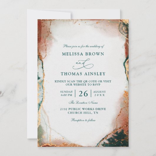 Modern Abstract Teal Foil Budget QR Code Wedding 招待状 (正面)
