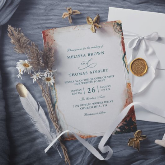 Modern Abstract Teal Foil Budget QR Code Wedding 招待状