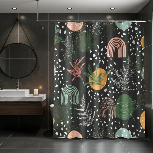 Modern Abstract Terrazzo & Botanical Collage  シャワーカーテン