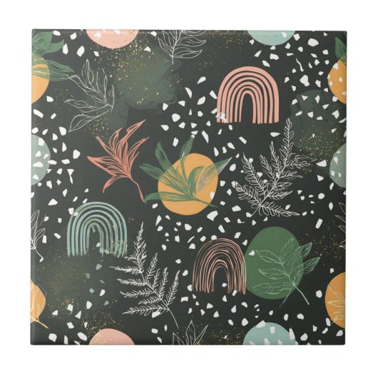 Modern Abstract Terrazzo & Botanical Collage  タイル (正面)