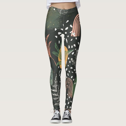 Modern Abstract Terrazzo & Botanical Collage  レギンス (正面)