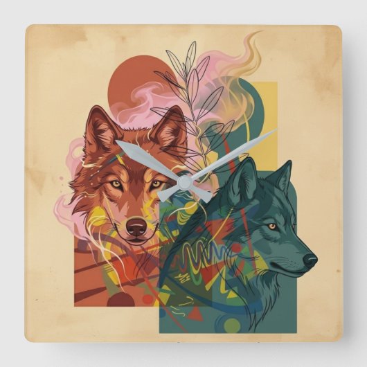Modern Abstract Wolf & Nature Square Wall Clock スクエア壁時計 (正面)