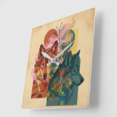 Modern Abstract Wolf & Nature Square Wall Clock スクエア壁時計 (傾斜)
