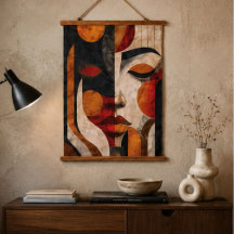 Modern Abstract Woman Face Orange Black Red 