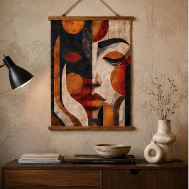 Modern Abstract Woman Face Orange Black Red 吊り下げ型タペストリー