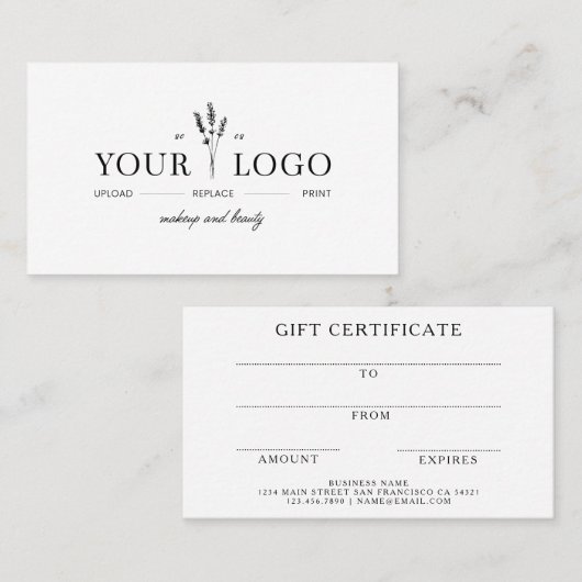 Modern Add Your Logo Beauty Gift Certificate  名刺 (正面/裏面)