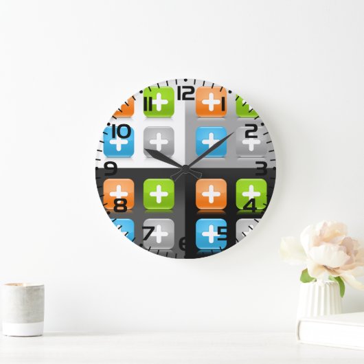 Modern Addition Math Symbol Shiny Glassy Icons ラージ壁時計 (ホーム)