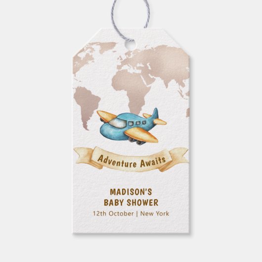 Modern Adventure World Map Airplane Baby Shower  ギフトタグ (正面)