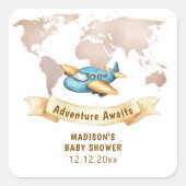 Modern Adventure World Map Airplane Baby Shower  スクエアシール (正面)