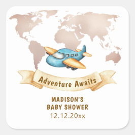 Modern Adventure World Map Airplane Baby Shower スクエアシール
